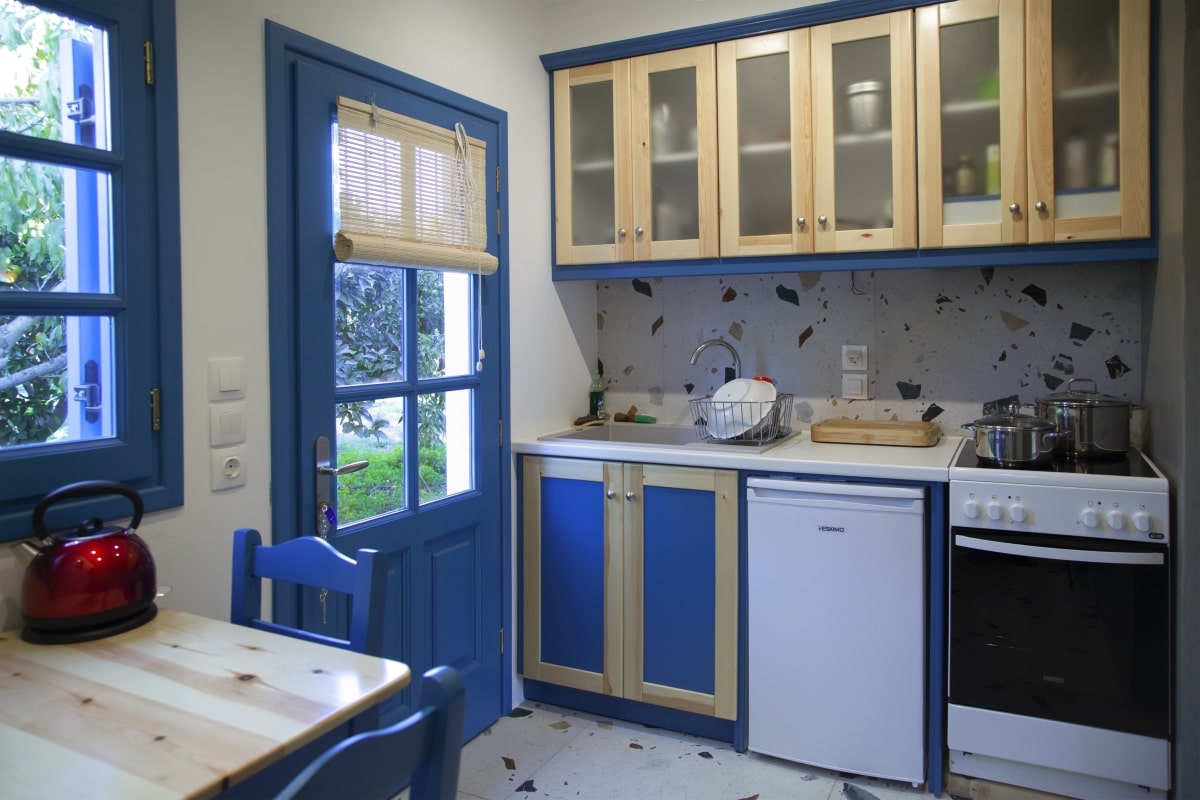 Blue kitchen with a door to the garden.